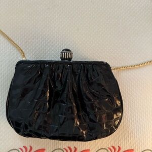 Black Croc-Embossed Clutch with Gold Chain